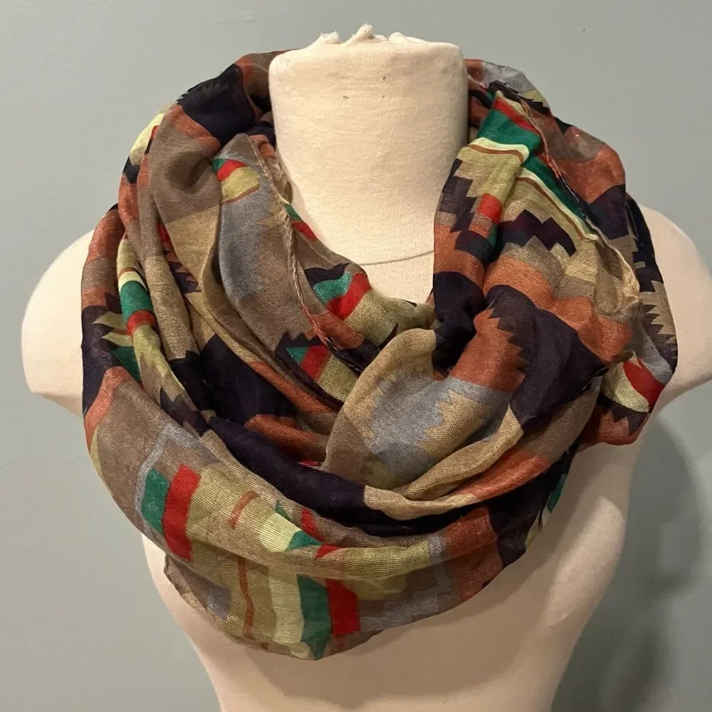 NWT D&Y Brown & Green Aztec Print Lightweight Infinity Scarf
